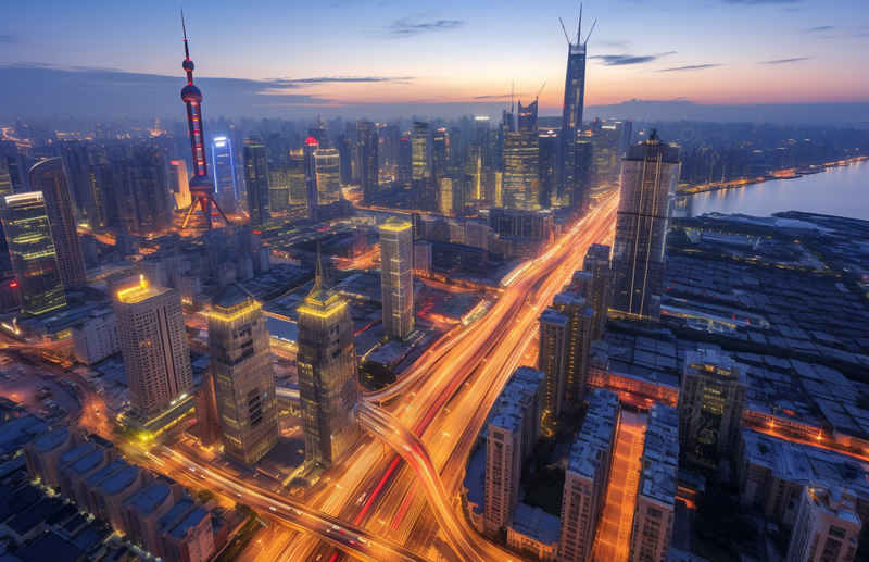 唯美晚霞下的都市建筑与街道车流不息,高清,摄影图,摄影图片,图片大全,摄影图免费下载